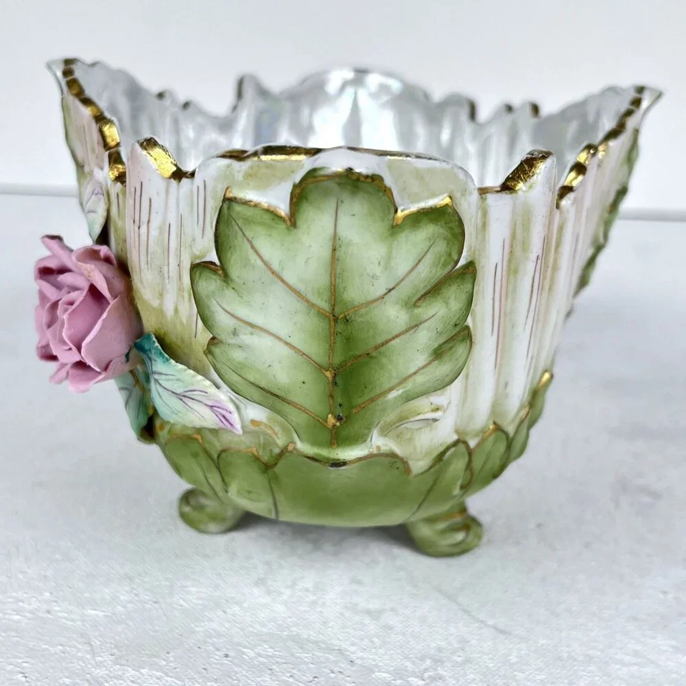 Lefton China Oval‎ Bowl Candy Dish Footed Pearlized 773M Flowers Japan Handpaint
